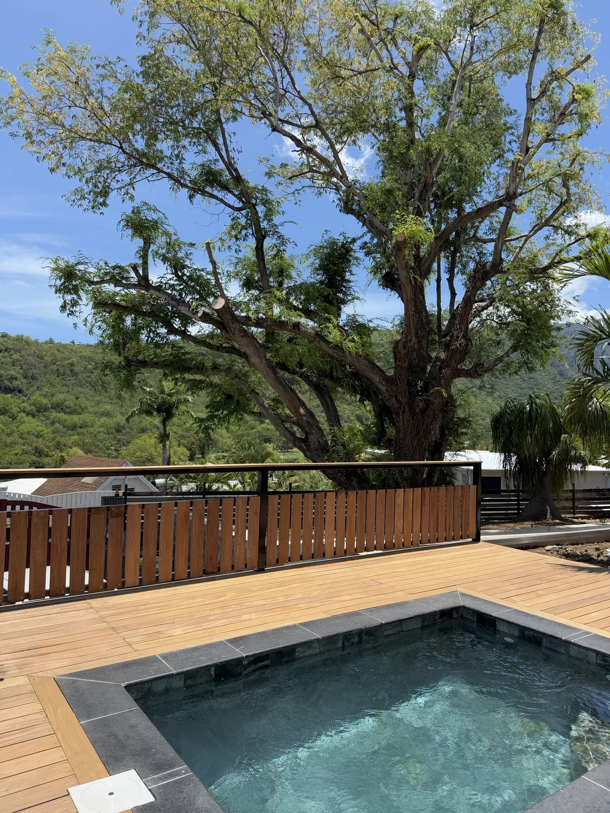 Aménagement extérieur complet : piscine, deck et béton décoratif à La Réunion